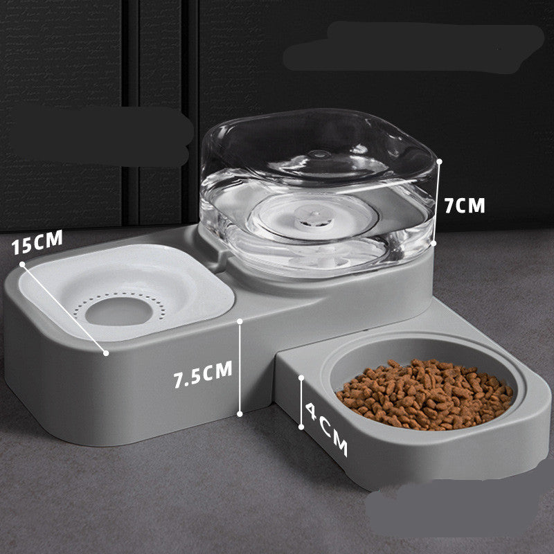 Gray automatic dual pet feeder with water reservoir and food bowl with dimensions overlay