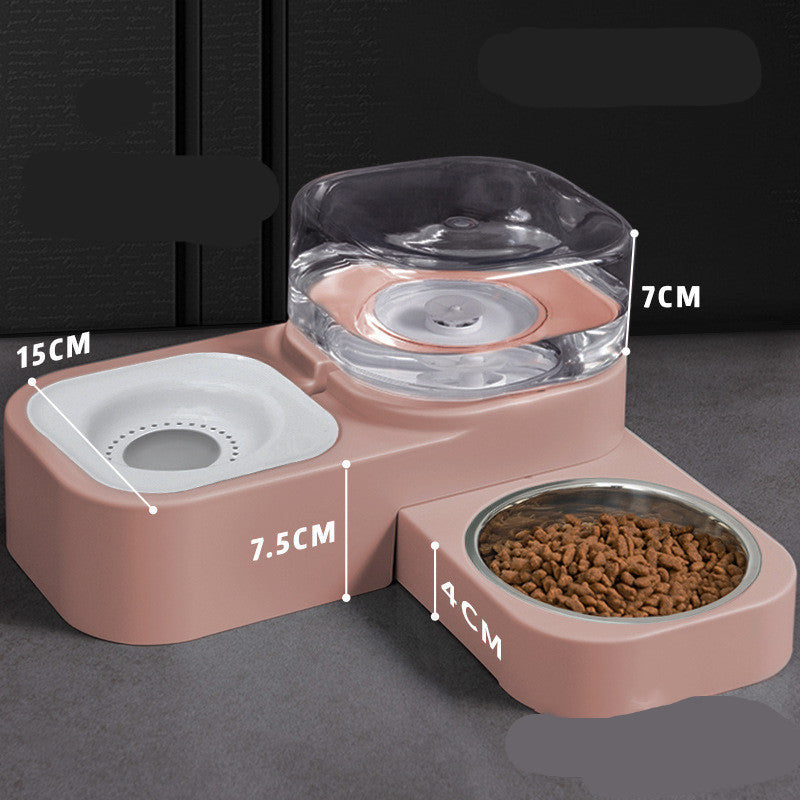 Automatic dual pet feeder in dusty pink color with transparent water reservoir and food bowl filled with kibble
