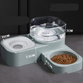 Load image into Gallery viewer, Sage green automatic dual pet feeder with food and water bowls, dimension measurements visible
