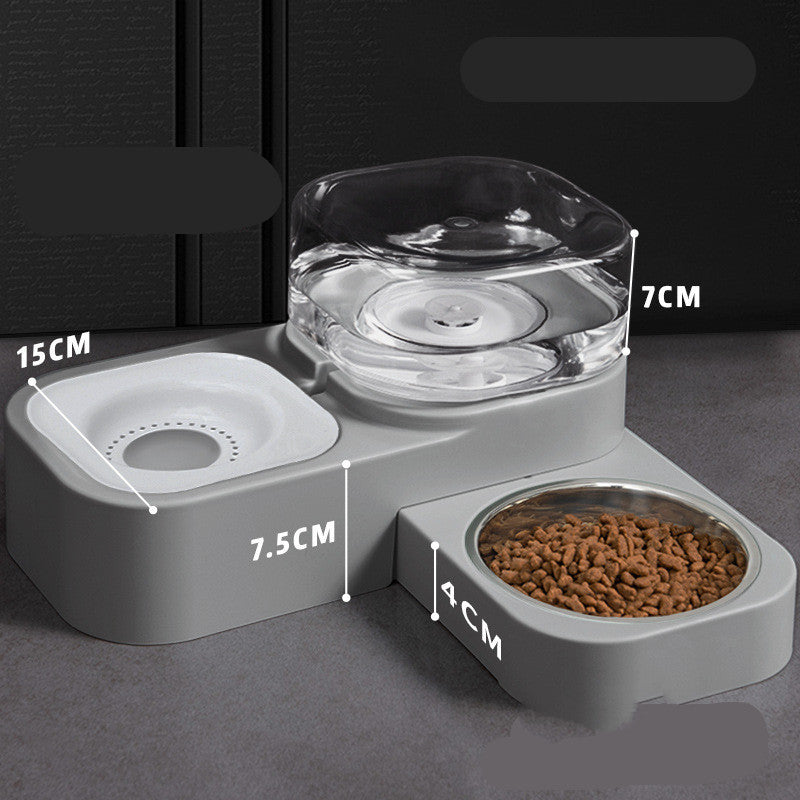 Dusty pink automatic dual pet feeder with water reservoir and food bowl, dimension lines displayed