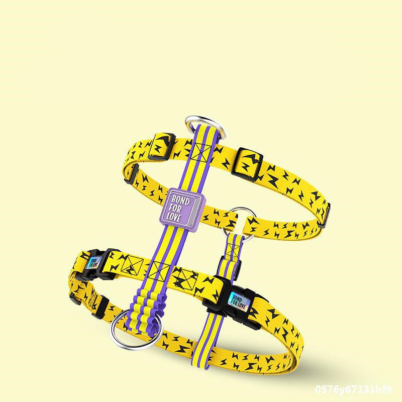 Yellow dog chest harness vest with lightning bolt print and adjustable straps