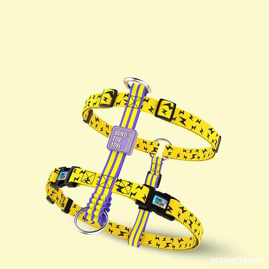 Yellow dog chest harness vest with lightning bolt print and adjustable straps
