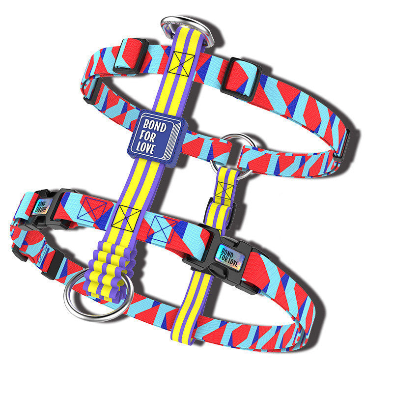 Red and blue diamond pattern dog harness vest with 'Bond for Love' label