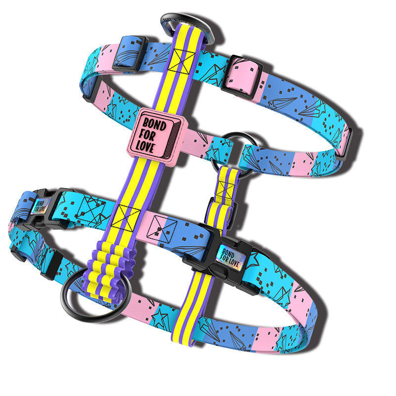 Blue and pink geometric patterned dog chest harness vest with quick-release buckles