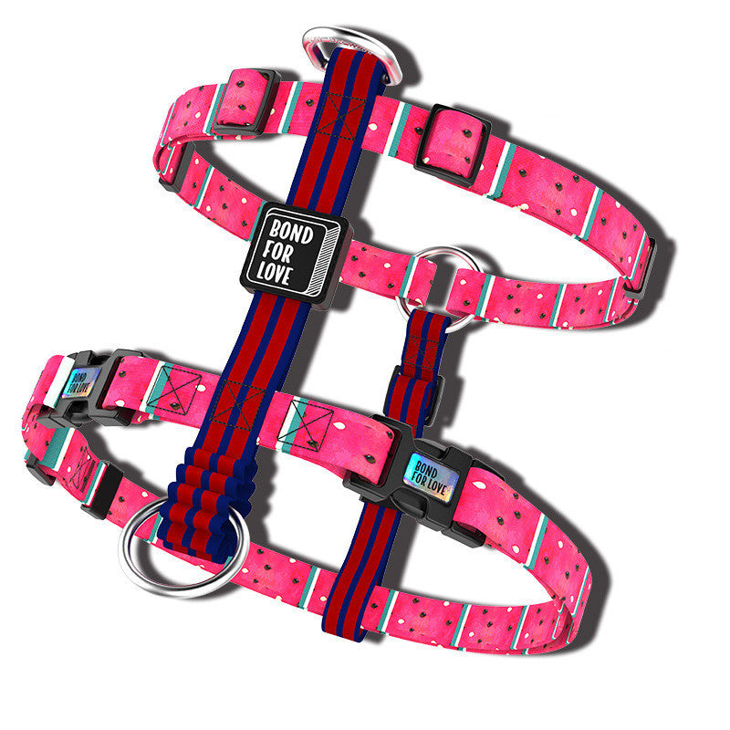 Pink watermelon print large dog harness vest featuring sturdy metal leash rings