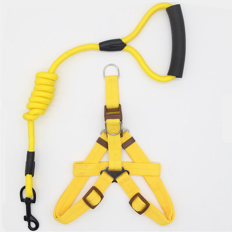 Yellow nylon dog harness with adjustable straps and matching shock-absorbing leash with padded handle