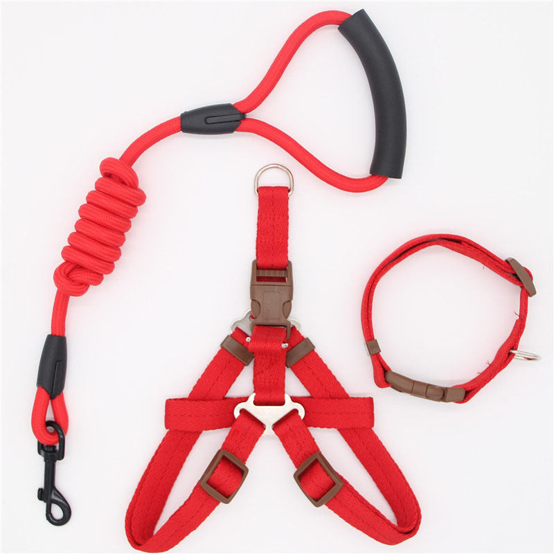 Red nylon dog harness and collar set with matching shock-absorbing leash