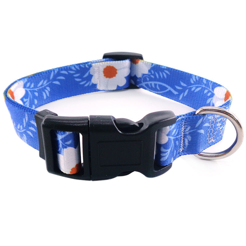 Blue dog collar with white and orange floral pattern and black buckle