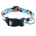 Cargar la imagen en la vista de la galería, Dog collar with blue, orange, and black geometric pattern and metal D-ring
