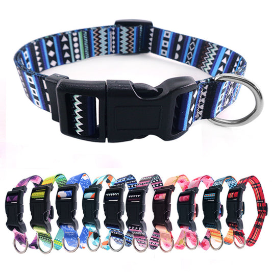 Bohemian style dog collar with blue and black geometric patterns and plastic buckle