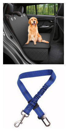 Dog seat belt safety leash with blue nylon strap and metal clip for car