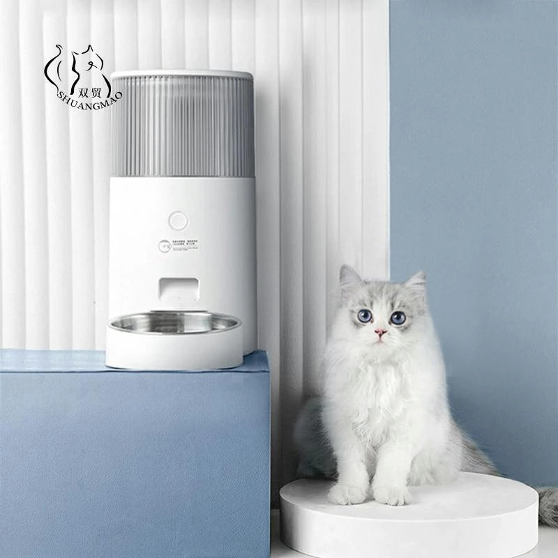 Modern white automatic pet feeder with stainless steel bowl next to a white and gray fluffy cat