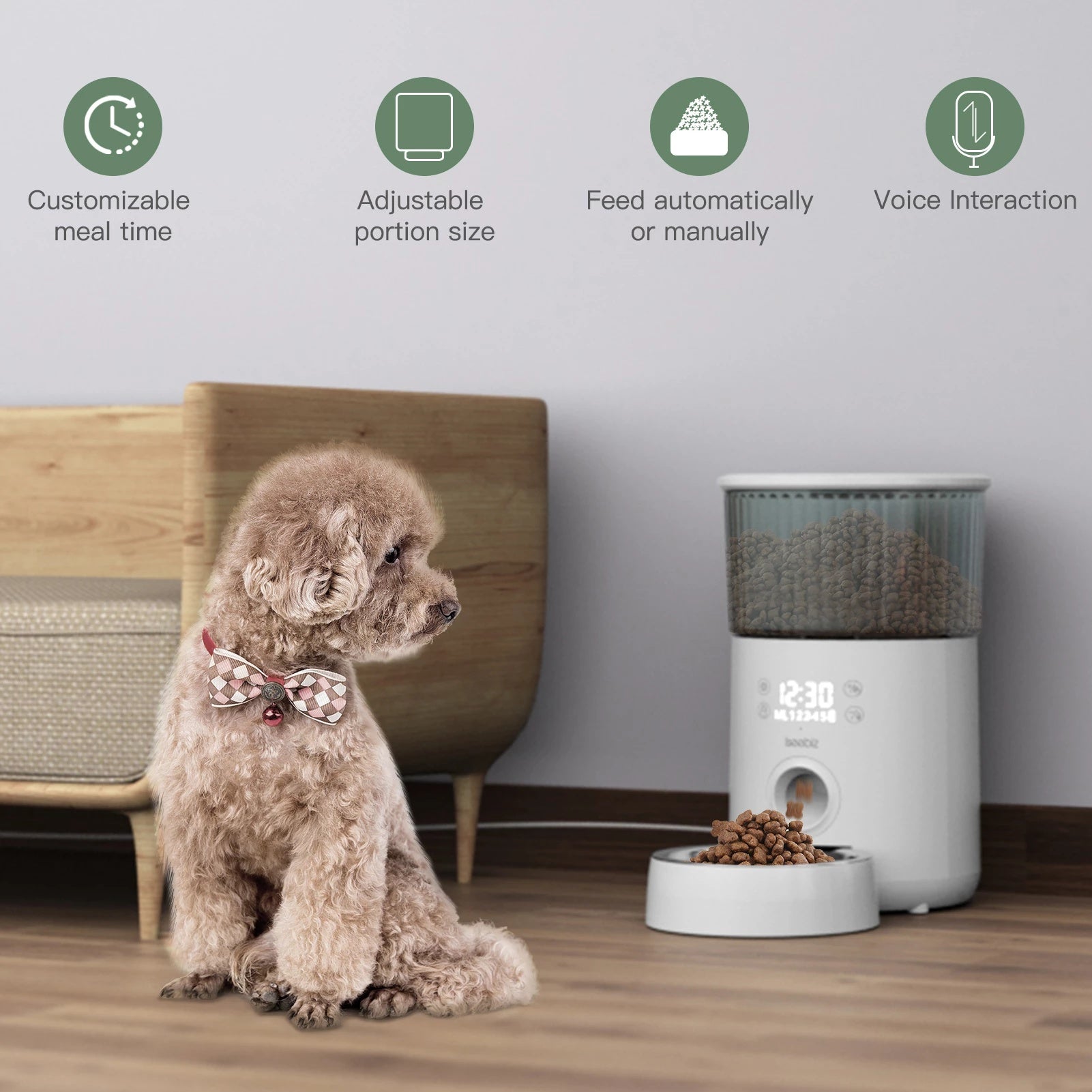 Dog sitting next to automatic pet feeder showing customizable meal schedule, portion control, and voice interaction icons