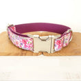 Load image into Gallery viewer, Pink floral dog collar with metal buckle close-up on white surface
