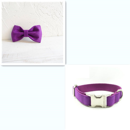 Collage showing purple velvet dog bow tie and matching collar on white background.