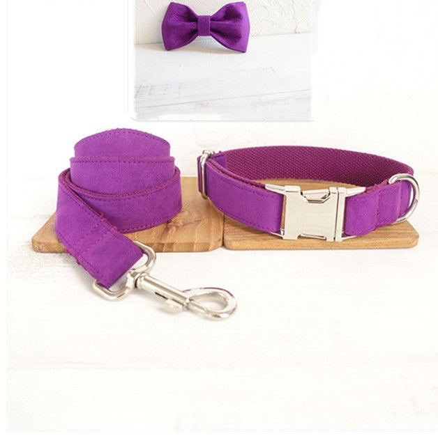 Purple velvet dog collar with silver metal clasp and buckle on white background.