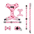 Cargar la imagen en la vista de la galería, Complete pink cherry patterned dog leash set with harness, collar, adjustable leash, bowknot, and dog poop bag holder
