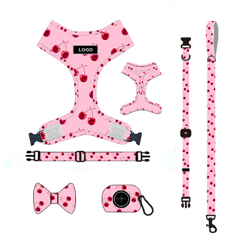 Complete pink cherry patterned dog leash set with harness, collar, adjustable leash, bowknot, and dog poop bag holder