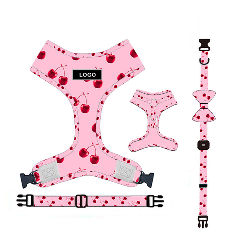 Pink cherry patterned harness with collar, bowknot, and adjustable leash for dogs