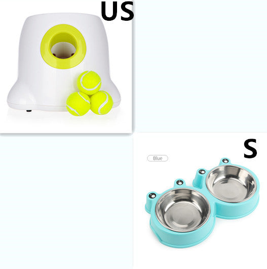 Ball launcher with three tennis balls paired with blue pet feeding bowls shaped like a frog