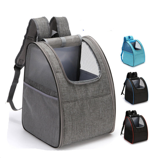 Gray mesh breathable foldable pet backpack with padded shoulder straps and side pockets