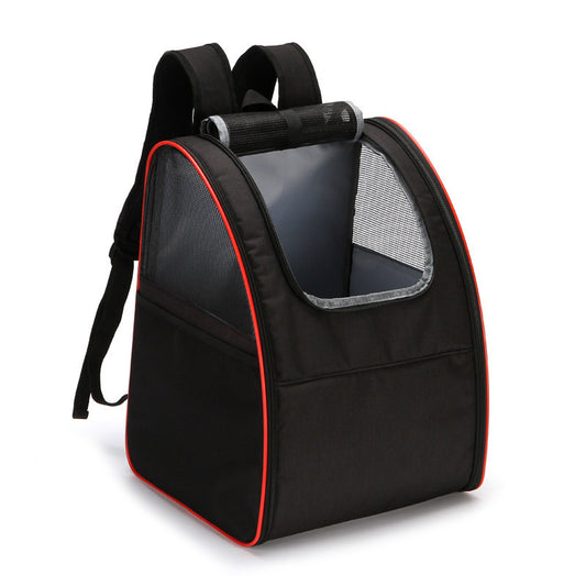 Black pet backpack with red trim and mesh sides for airflow