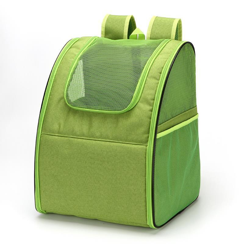 Green mesh pet backpack folded and standing upright