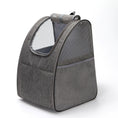 Load image into Gallery viewer, Gray foldable pet carrier backpack angled to show mesh side pocket and top mesh opening
