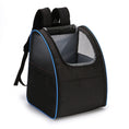 Load image into Gallery viewer, Black pet backpack with blue trim showing the open mesh top and side panels
