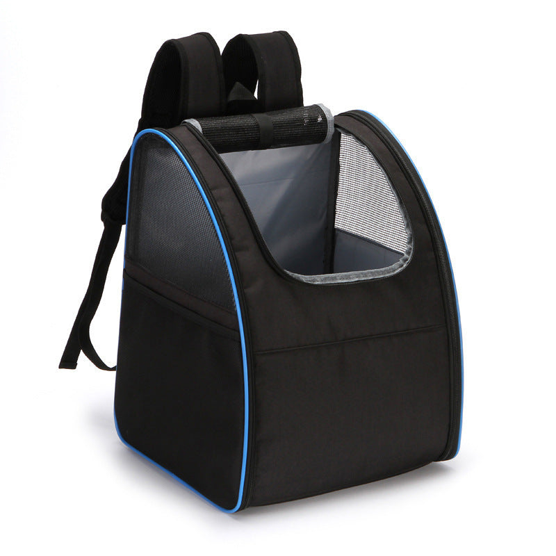 Black pet backpack with blue trim showing the open mesh top and side panels