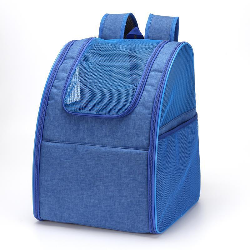 Blue breathable pet backpack with mesh sides and sturdy structure