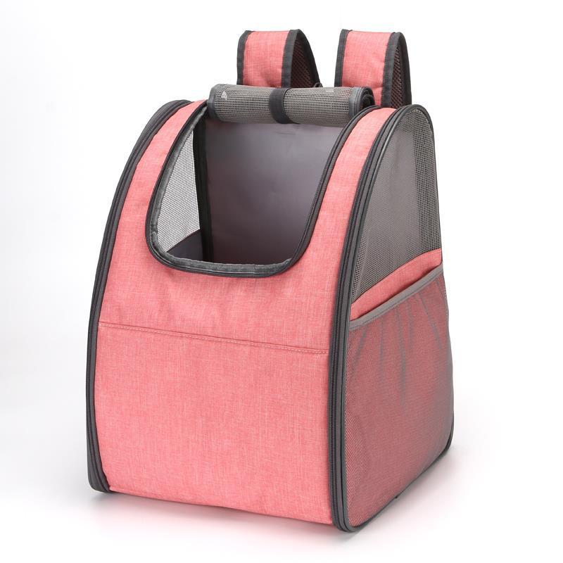 Pink foldable pet backpack with mesh ventilation panels and padded straps