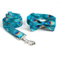 Load image into Gallery viewer, Close-up of peacock print leash and adjustable collar with silver metal clasp and hook
