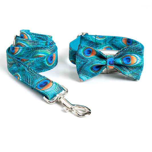 Close-up of peacock print leash and adjustable collar with silver metal clasp and hook