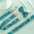 Load image into Gallery viewer, Detailed view of peacock print collar, leash with metal snap hook, and bow tie on mint green surface
