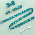 Load image into Gallery viewer, Peacock print dog collar, leash, and matching bow tie displayed on a mint green background
