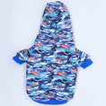 Charger l'image dans la visionneuse de la galerie, Blue camouflage dog hoodie front view with hood and sleeve cuffs visible
