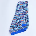 Charger l'image dans la visionneuse de la galerie, Blue camo dog hoodie flat showing side view with hood and ribbed hem
