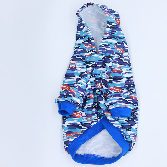Blue camo dog hoodie displayed folded inside out showing interior and hood