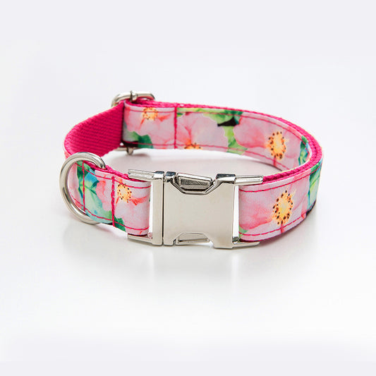 Pink floral dog collar with metal buckle and D-ring