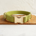 Load image into Gallery viewer, Close-up of gold metal buckle on green polyester dog collar laid on wooden tray
