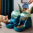 Load image into Gallery viewer, Dog drinking from blue automatic pet feeder fountain with food being poured
