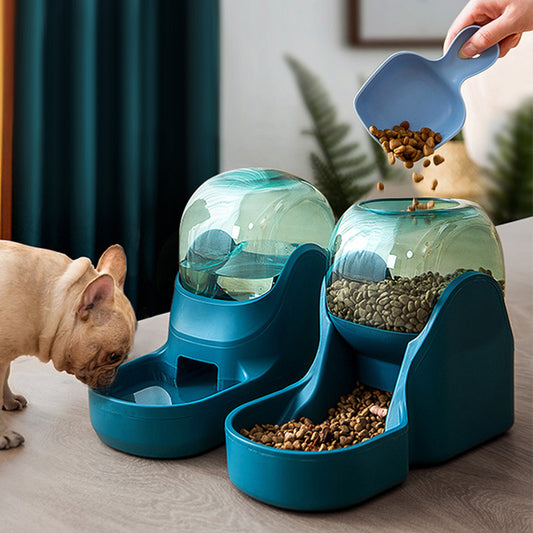 Dog drinking from blue automatic pet feeder fountain with food being poured