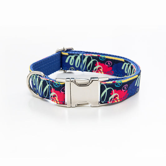 Close-up of adjustable dog collar with metal buckle and D-ring featuring graffiti design