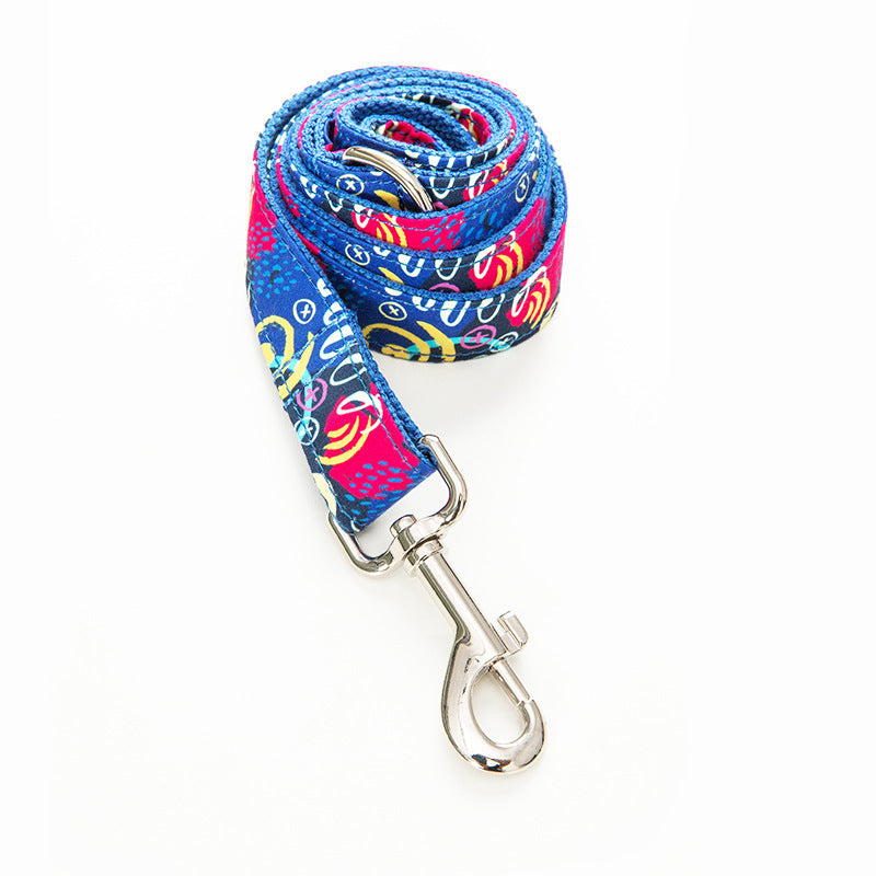 Rolled colorful leash with metal snap-hook showcasing graffiti pattern
