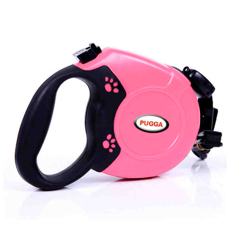 Side view of pink retractable dog leash with visible leash clip attachment
