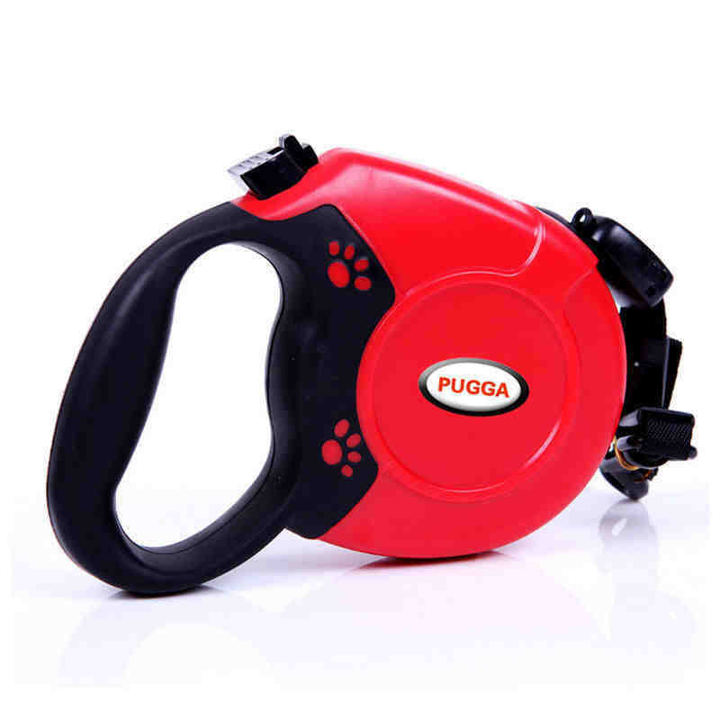 Red retractable dog leash with black ergonomic handle and paw print decoration