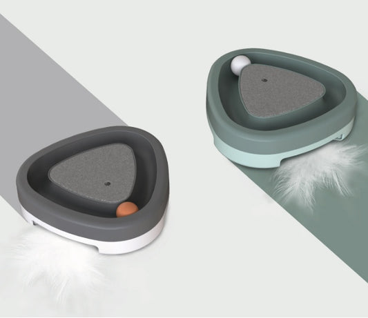 Two triangle turntable cat toys in gray and green with feather accessory on white background