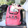Load image into Gallery viewer, Pink pet carrier backpack with a small cat poking its head out, person adjusting the collar opening while resting on a table

