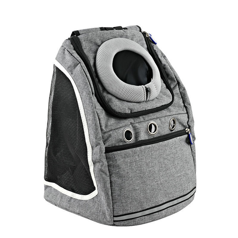 Grey pet carrier backpack showing mesh side panels, front zippered pocket and padded collar opening, isolated on white background